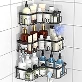 Menbyci 3 Pack Corner Shower Caddy, Adhesive Bathroom Shelves with 18 Hooks, Drill-Free &amp; Quick-Dry Shower Organizer with Large Capacity, Rustproof Stainless Steel Bathroom Corner Storage Rack, Black