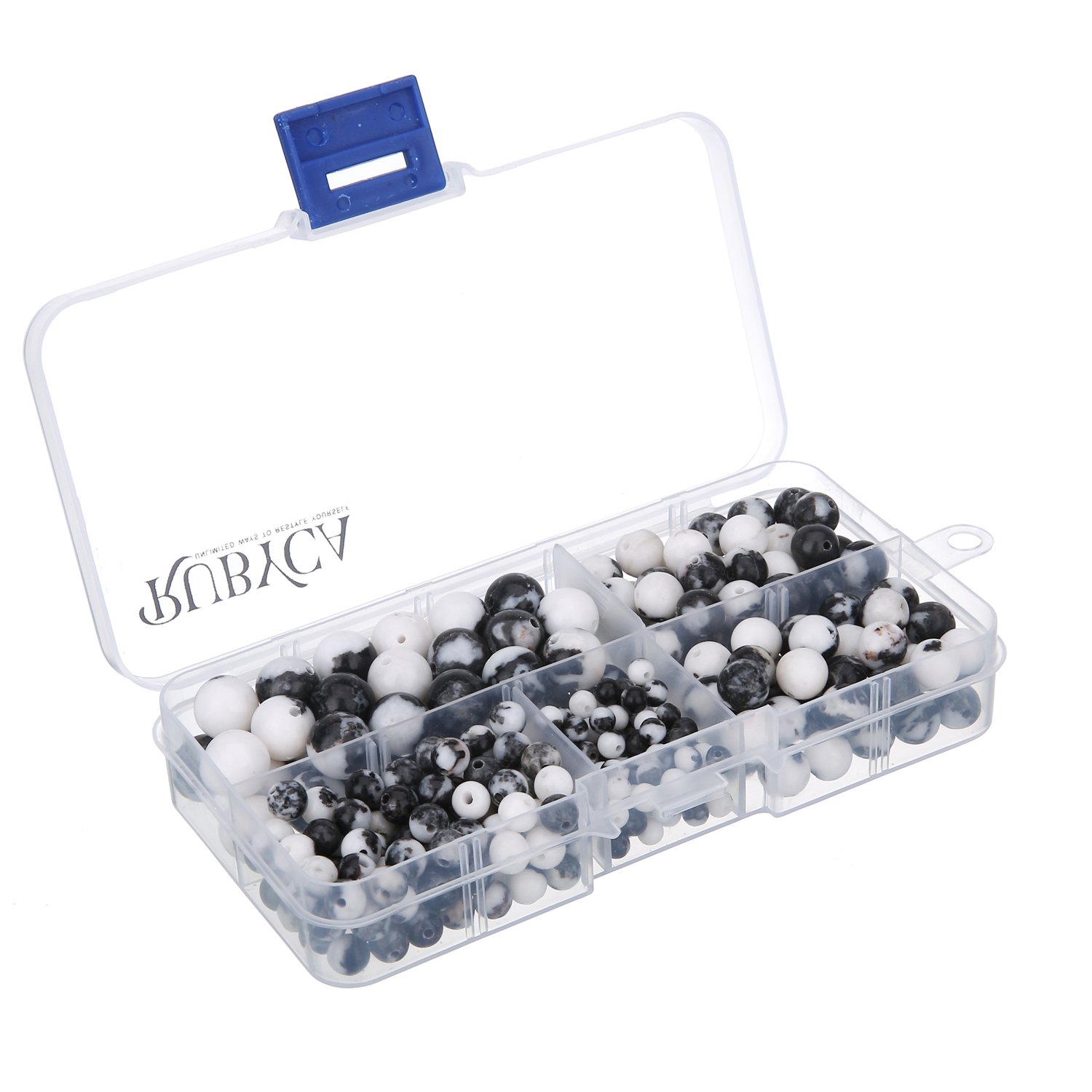 RUBYCA Natural Black White Jasper Gemstone Round Loose Beads Organizer Box Jewelry Making Mix Sizes