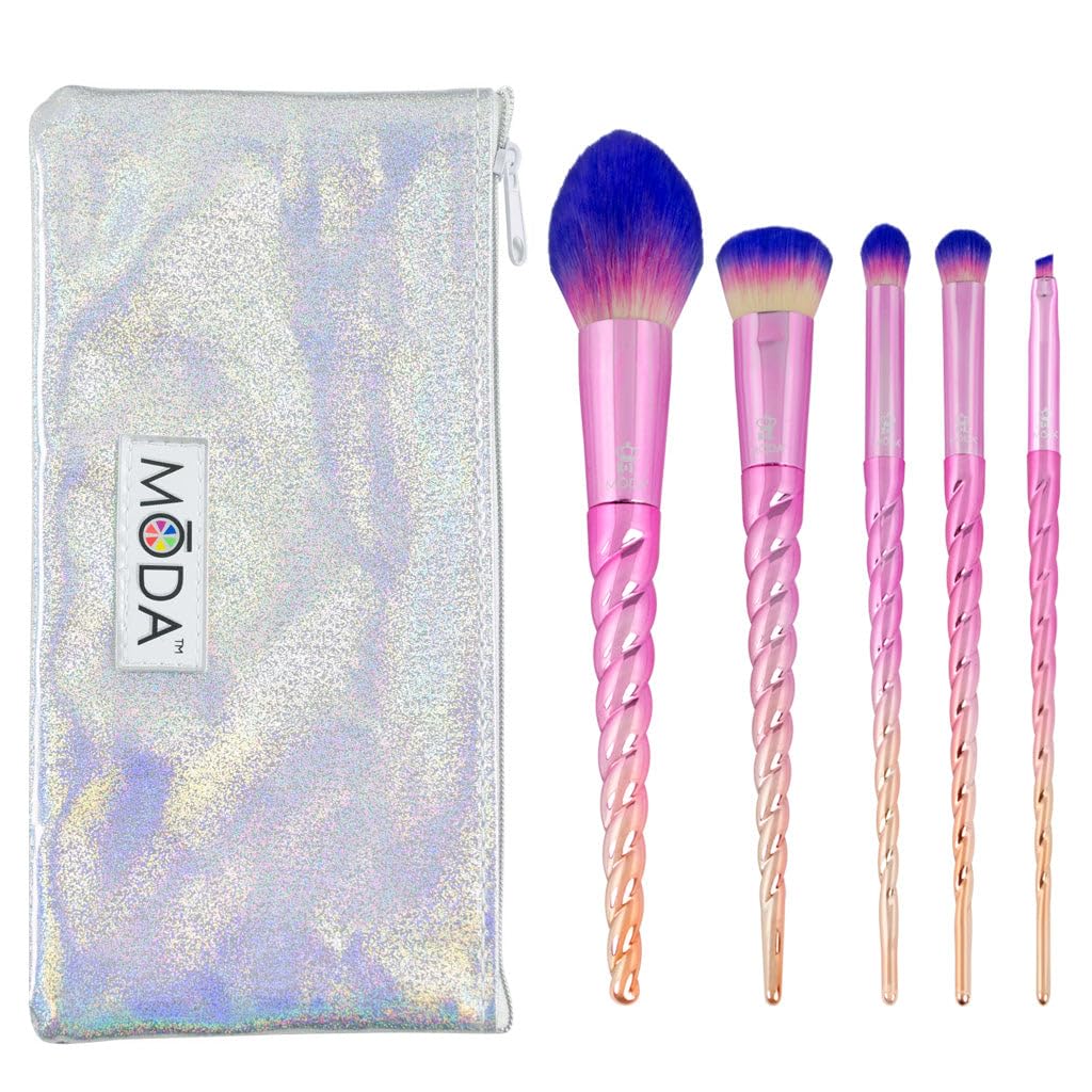 MODA Royal & Langnickel Travel Size Unicorn Complete Face 6pc Makeup Brush Set with Pouch, Includes - Blush, Complexion, Domed Shadow, Crease, and Angle Eyeliner Brushes, Mythical Ombre