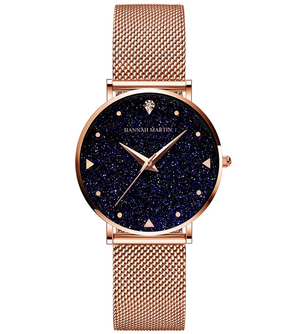 Hannah Martin Starry Sky Women's Ultra Slim Stainless Steel Mesh Band Watch, Black Surface, Rose Gold Belt, Bracelet