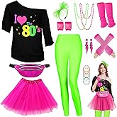 WlLDPARTY 80s Outfit Women Costume Accessories Set, T Shirt Leggings Tutu Skirt Fanny Pack Headband Fishnet Gloves Legwarmers