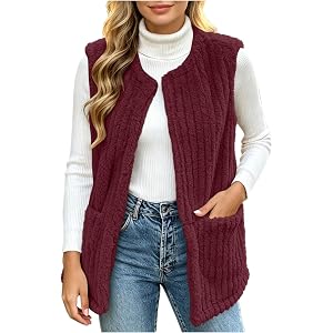 VOGFFR Fleece Vest Women Sleeveless Winter Sherpa Jacket Long Open Front Warm Coat Fuzzy Cardigan Vests with Pockets