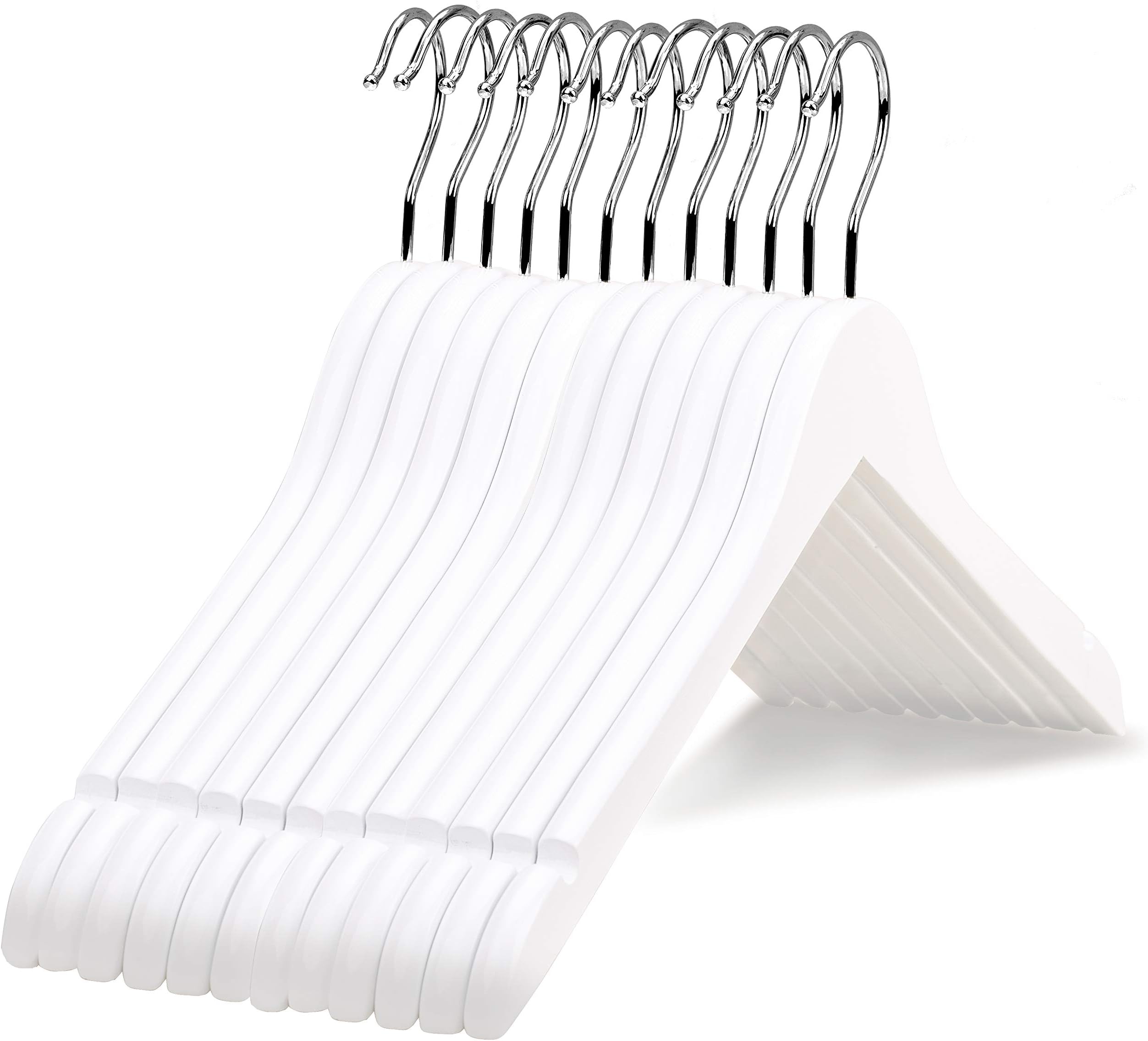 Premium Solid Wood Bridal Wedding Dress Hangers, Beautiful Wooden Shirt Suit Coat Jacket Clothes Hangers-360ยฐ Strong Swivel Hook-Extra Smooth Finish-Smoothly Cut Notches-10 Pack- White Color LM01B