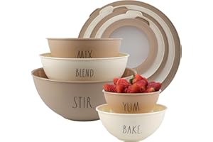 Rae Dunn Mixing Bowls with Lids - 10 Piece Plastic Nesting Bowls Set Includes 5 Prep Bowls and 5 Lids (Brown)