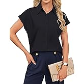 Blooming Jelly Womens Button Down Shirt Ruffled Cap Sleeve Business Casual Tops Collared Wrinkle Free Summer Work Blouse