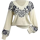 BEAUDRM Women's Floral Cozy Sweater Fall Vintage Lightweight Sweater Long Sleeve V Neck Casual Knit Jumper Tops