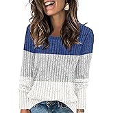Leafsay Womens Color Block Tops Striped Lightweight Sweaters Long Sleeve Crewneck Shirts Casual Loose Fit Tunic