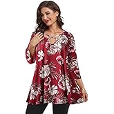 LARACE Plus Size Tops for Women V Neck 3/4 Sleeve Tunic Criss Cross Dress Shirts Casual Fall Blouse for Leggings