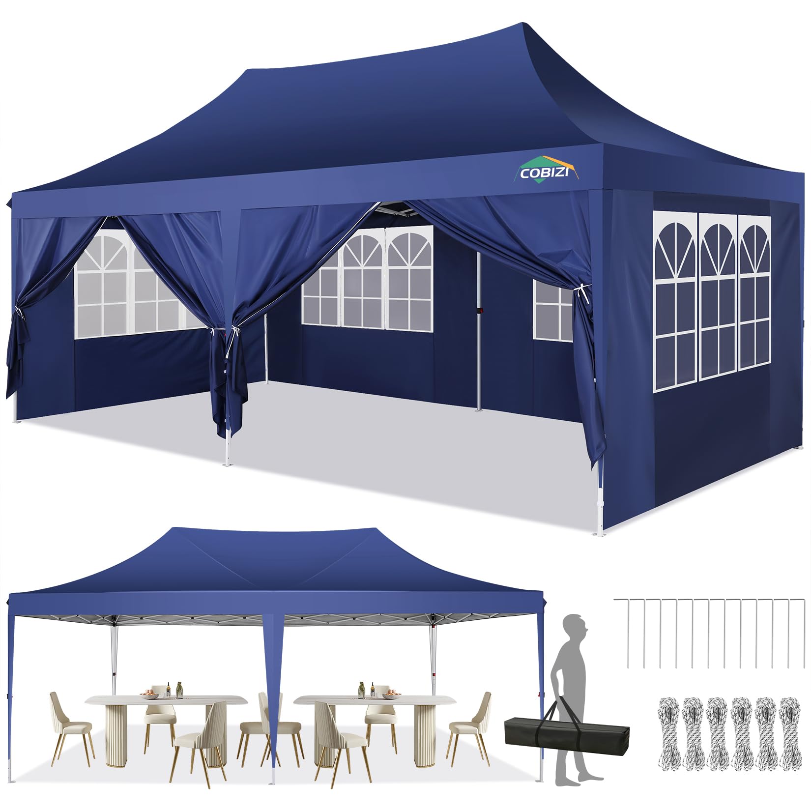 Photo 1 of **SIMILAR ITEM** **UNKNOWN MEASURES** COBIZI 10x20 Canopy with Sidewalls Pop Up Canopy Tent Large Party Tents Commercial Canopy for Parties, 3 Adjustable Height, UV50+ &Waterproof, Outdoor Gazebo, Bonus Carry Bag, Stakes, Ropes, Blue