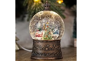 QUKULOV Snow Globe with Christmas Tree & Village, Light Up Christmas Snow Globes with Music Timer - USB Plug or Battery Operated Glitter Globe Indoor Christmas Decorations