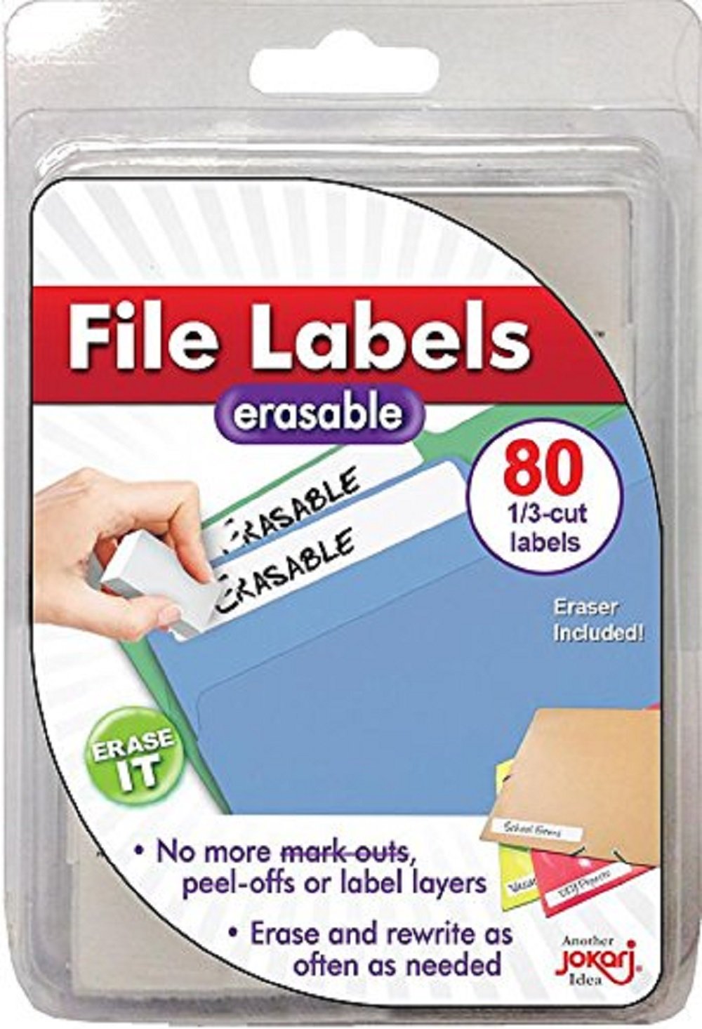 Jokari Label Once WCR80 - 80x White Erasable Laminated File Labels Refill 1/3 Cut with Eraser