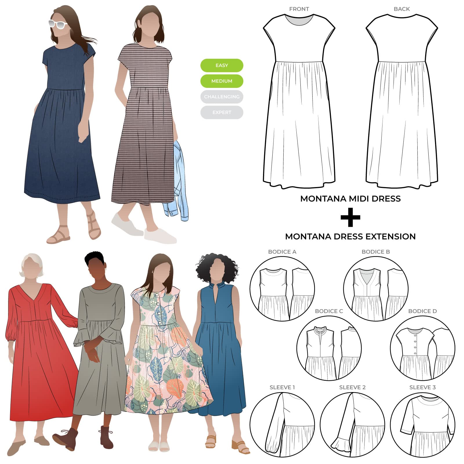 Style Arc Sewing Pattern - Montana Midi Dress Plus Extension Pack Bundle (Sizes 04-16)