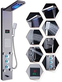 ELLO&ALLO LED Rainfall Waterfall Shower Head Rain Massage System with Body Jets & Hand Shower Stainless Steel Bathroom Shower Panel Tower System, Brushed Nickel