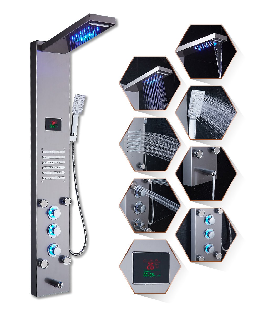 ELLO&ALLO LED Rainfall Waterfall Shower Head Rain Massage System with Body Jets Stainless Steel Bathroom Shower Panel Tower System, Brushed Nickel…