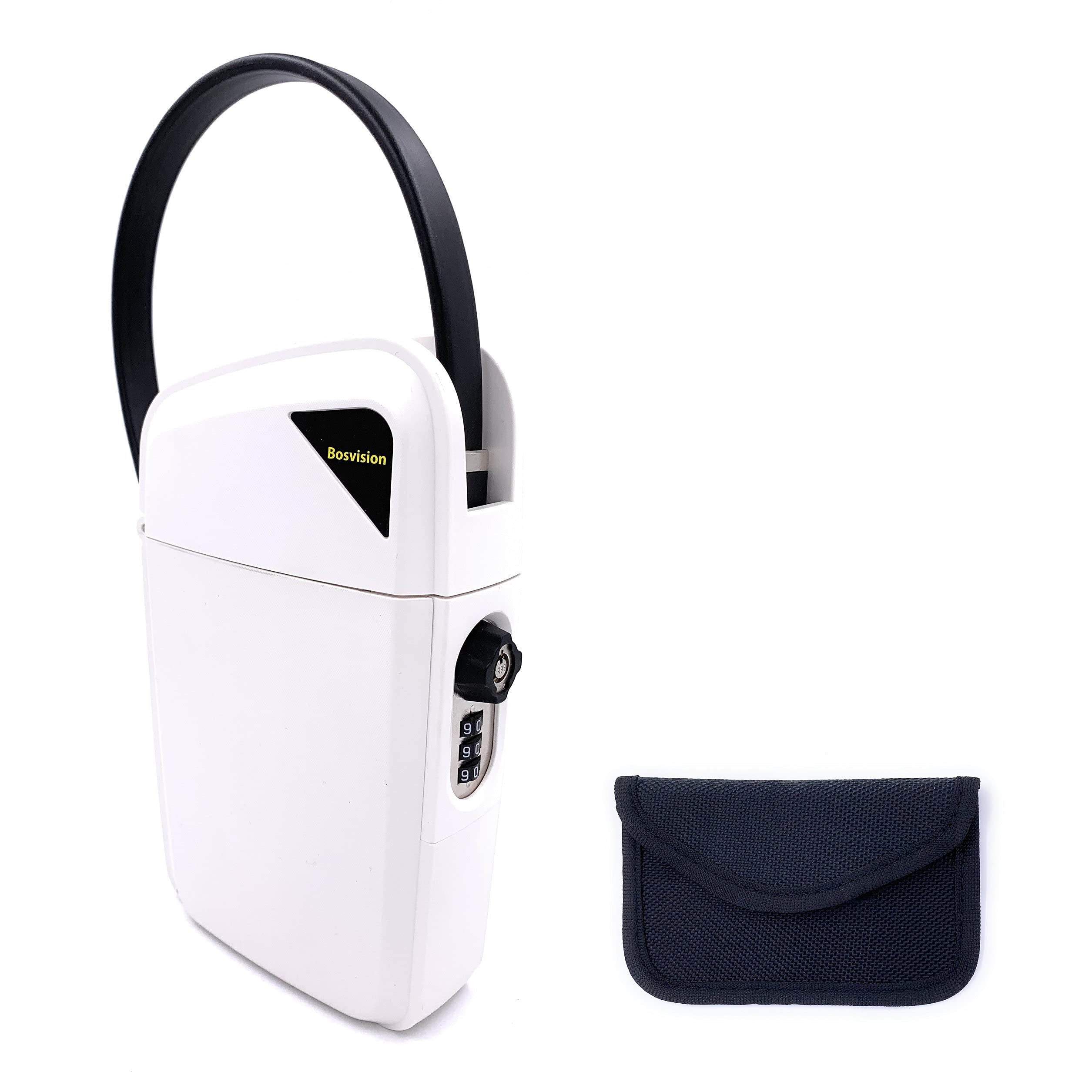 Bosvision Portable Safe, White, Combination & Master Key Access, 1 Faraday Bag, 13.9 x 9.0 x 5.4 cm