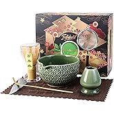 7 Pcs Matcha Whisk Set, Ceremony Matcha Kit with Matcha Bowl, Bamboo Whisk and Holder, Scoop and Scoop Rest, Sifter and Tea Towel, Gift for Matcha Lovers (Green/Bamboo Leaf-Patterned)