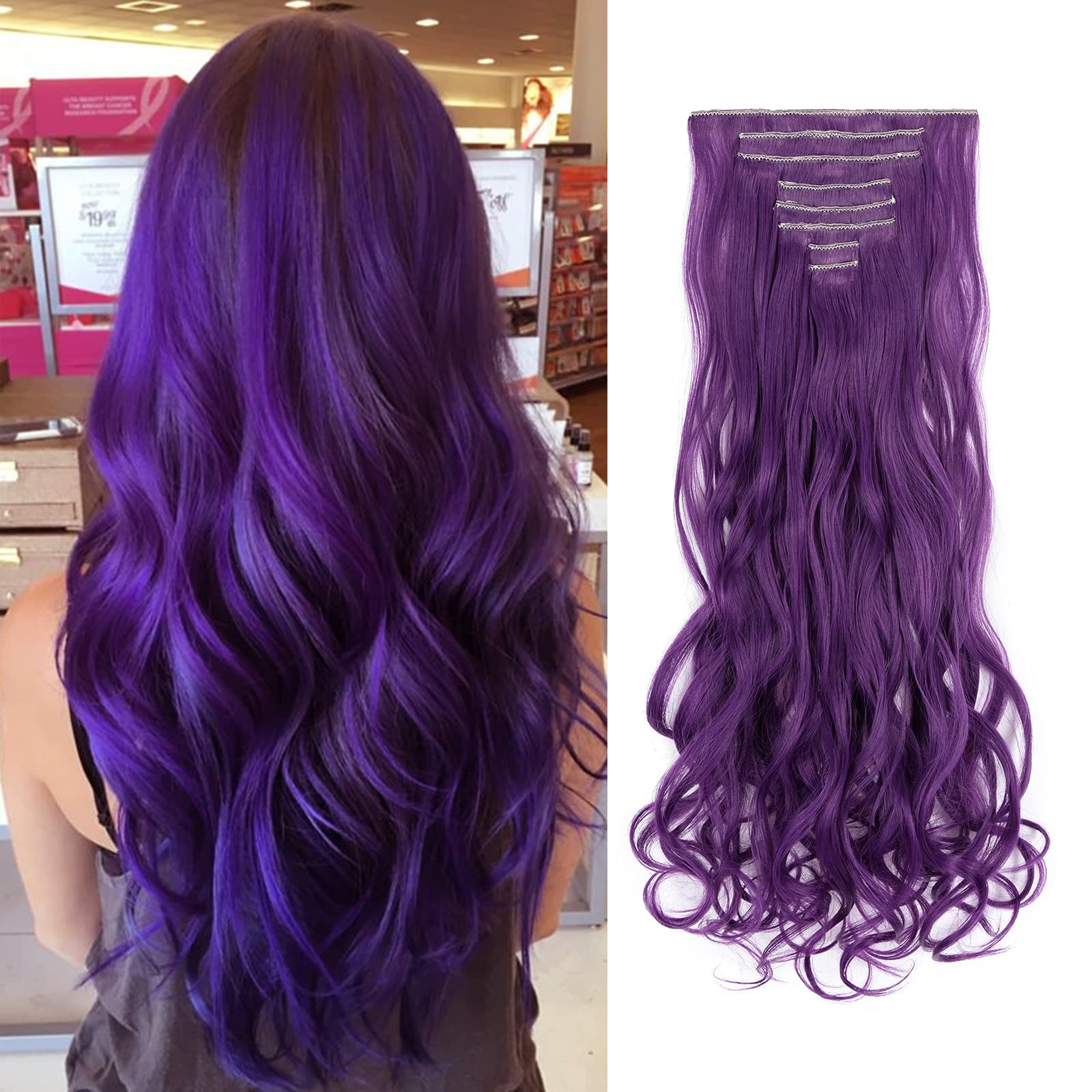 Photo 1 of Benehair 8PCS Clip in Hair Extensions for Women Purple Blue Wavy Curly Full Head Seamless Double Weft 18 Clips Women Colorful Hairpiece 24" Curly Christmas Party Fashion Events Cosplay