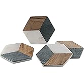 GoCraft Hexagon Geometric Coasters | Handcrafted Geometric Coasters with Green for Your Drinks, Beverages & Wine/Bar Glasses | Green Marble & Wood Inlay on White Marble Base (Set of 4)