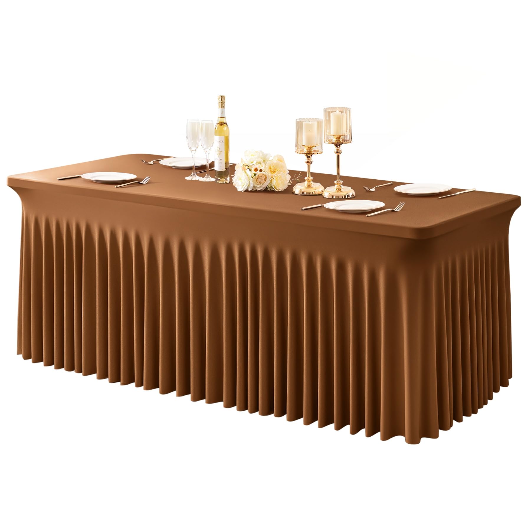 Photo 1 of 1 Pack Brown Table Clothes for 6 Foot Rectangle Tables, One-Piece Wrinkle Resistant Stretch Spandex Table Covers with Skirt for Event Banquet Wedding Birthday Party