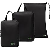 Compression Packing Cubes Travel Organizers plus Laundry or Shoe Bag with YKK Zippers (Black, 3 Piece)
