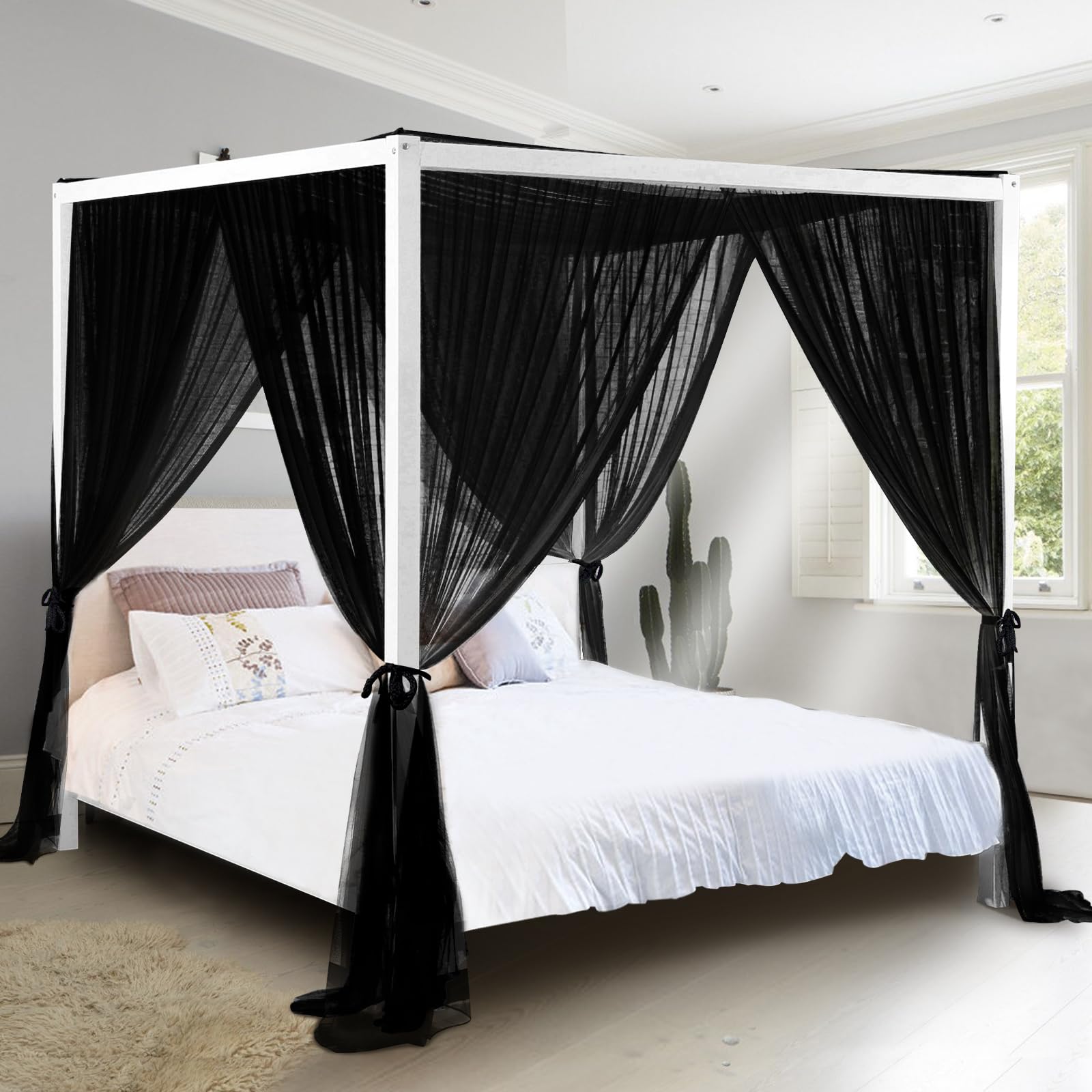 South To East Luxurious Black 4 Corner Canopy Bed Curtains for Adults, Mosquito Net for Bed, Bed Curtains for Bedroom Decoration, Tear-Resistant Polyester, Easy to Install