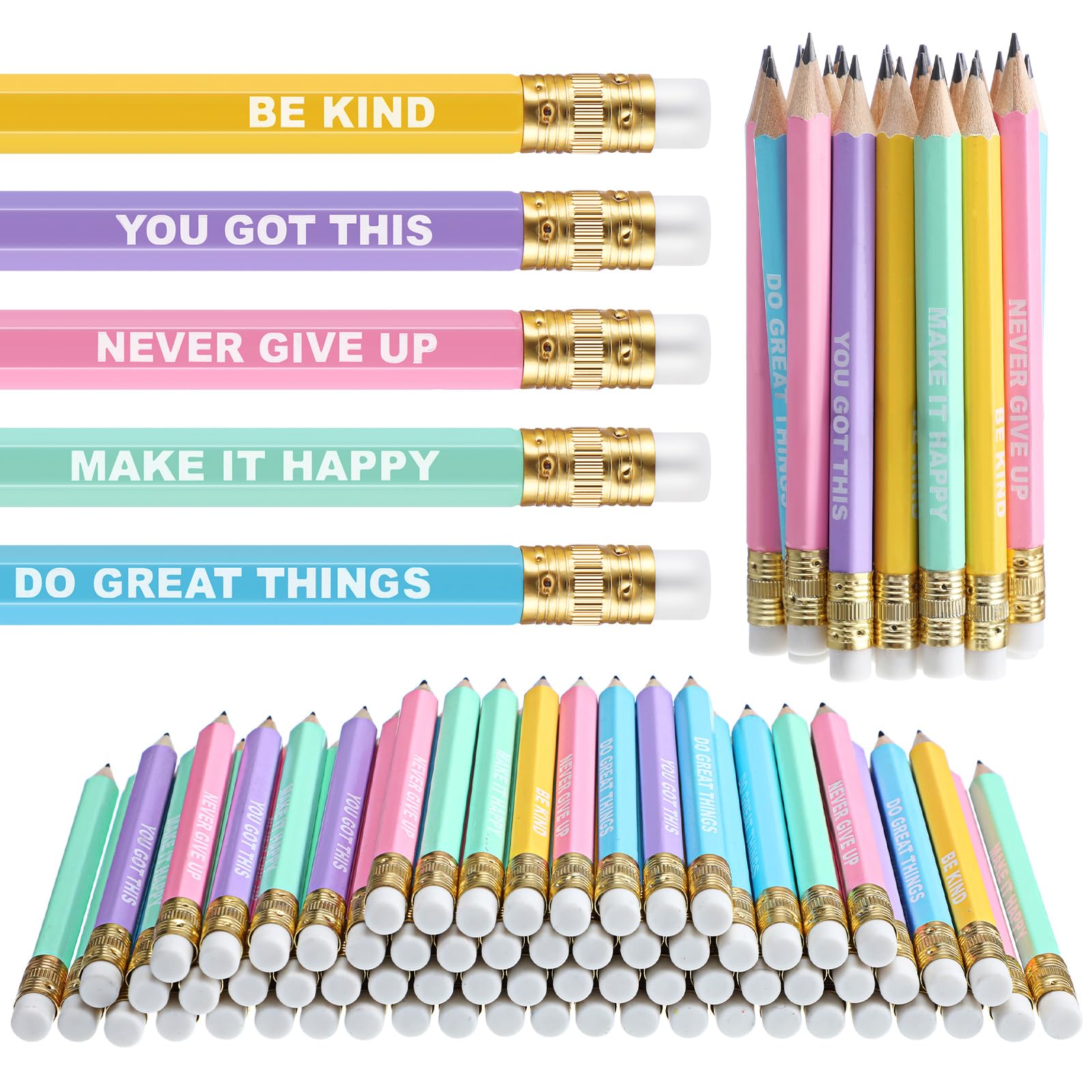 Photo 1 of Jetec 100 Pcs Mini Pencils Bulk Inspirational Golf Wooden Half Pencils with Eraser and Motivational Sayings Back to School Gifts for Kids Student Teacher First Day of School(Candy Color)