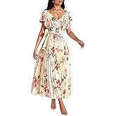 winkbay Women's Boho Floral Pleated Maxi Dress Elegant Ruffle Belted Flowy Sundress Beach Vacation Clothes