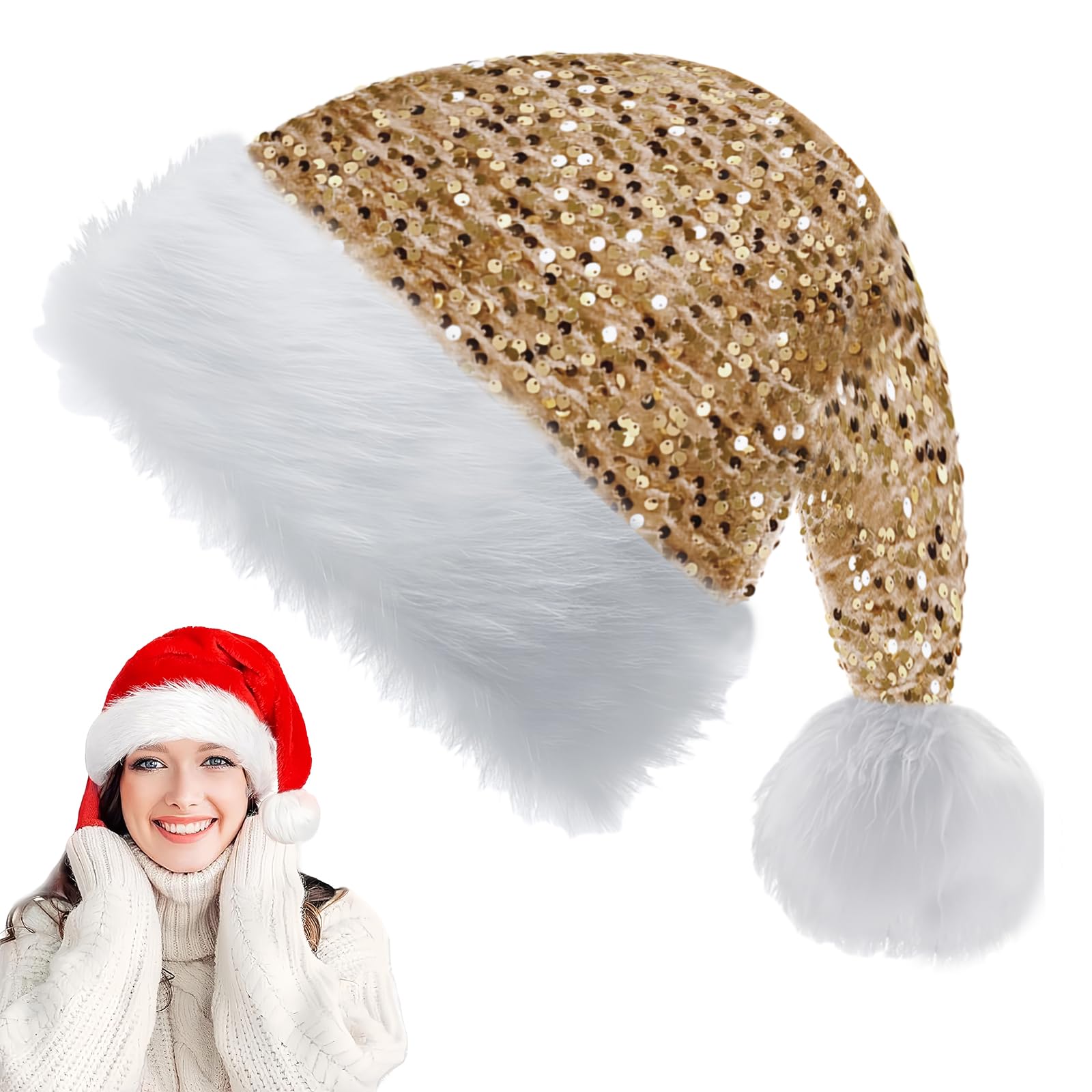 Champagne Sequin Santa Hat Christmas Hat for Kids,Adults,30*45cm Luxury Xmas Hat Plush Santa Claus Hat,Unisex Christmas Party Hat,Father Christmas Hat Costume Gifts for Women,Men Xmas New Year Party