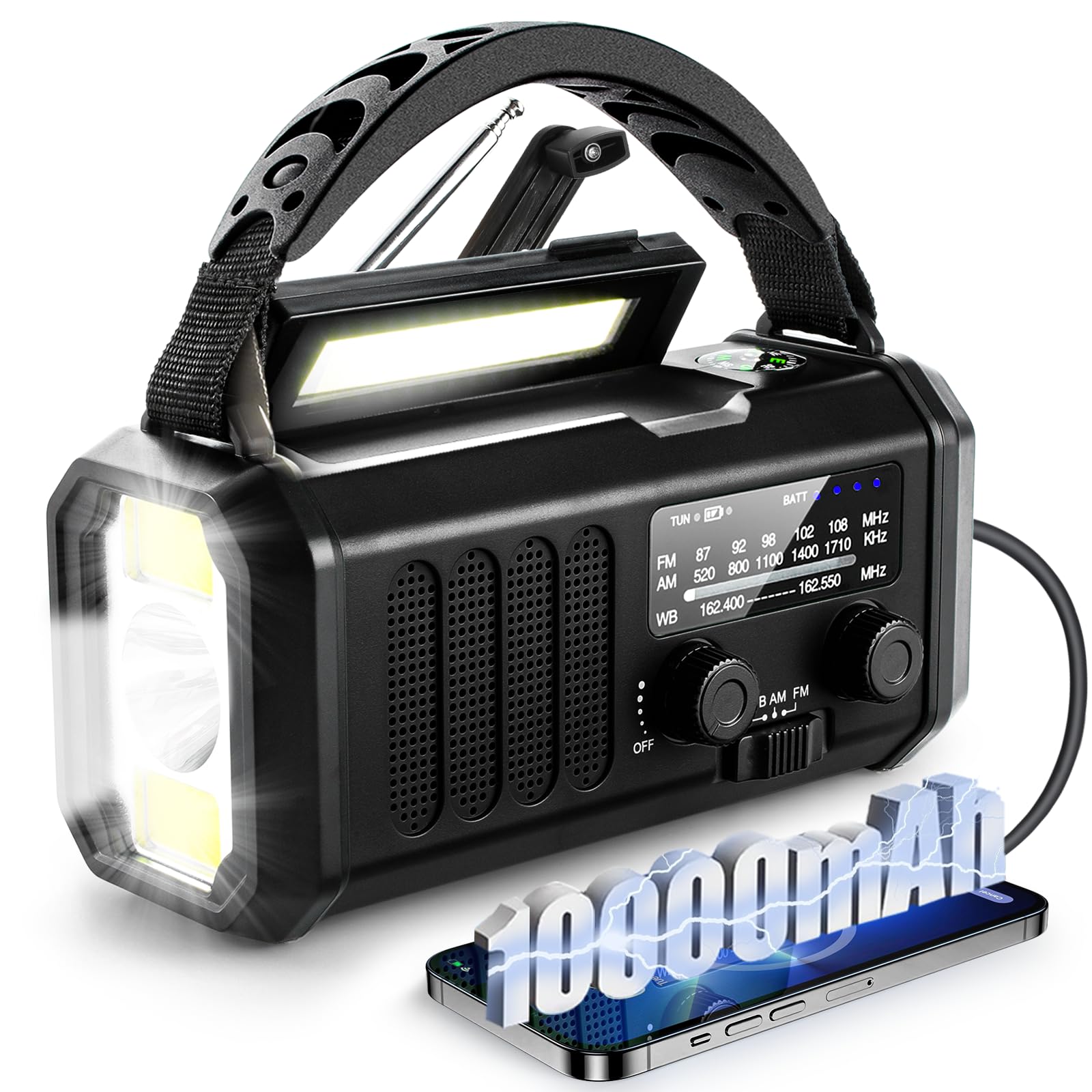 Photo 1 of 10000mAh Emergency Weather Radio,Portable FM/AM/NOAA Battery Powered Survival Radios&Power Bank,Solar/Hand Crank/Type-C Charger,Flashlight,Reading Lamp,Compass,SOS Alert,Outdoor Camping&Power Outages