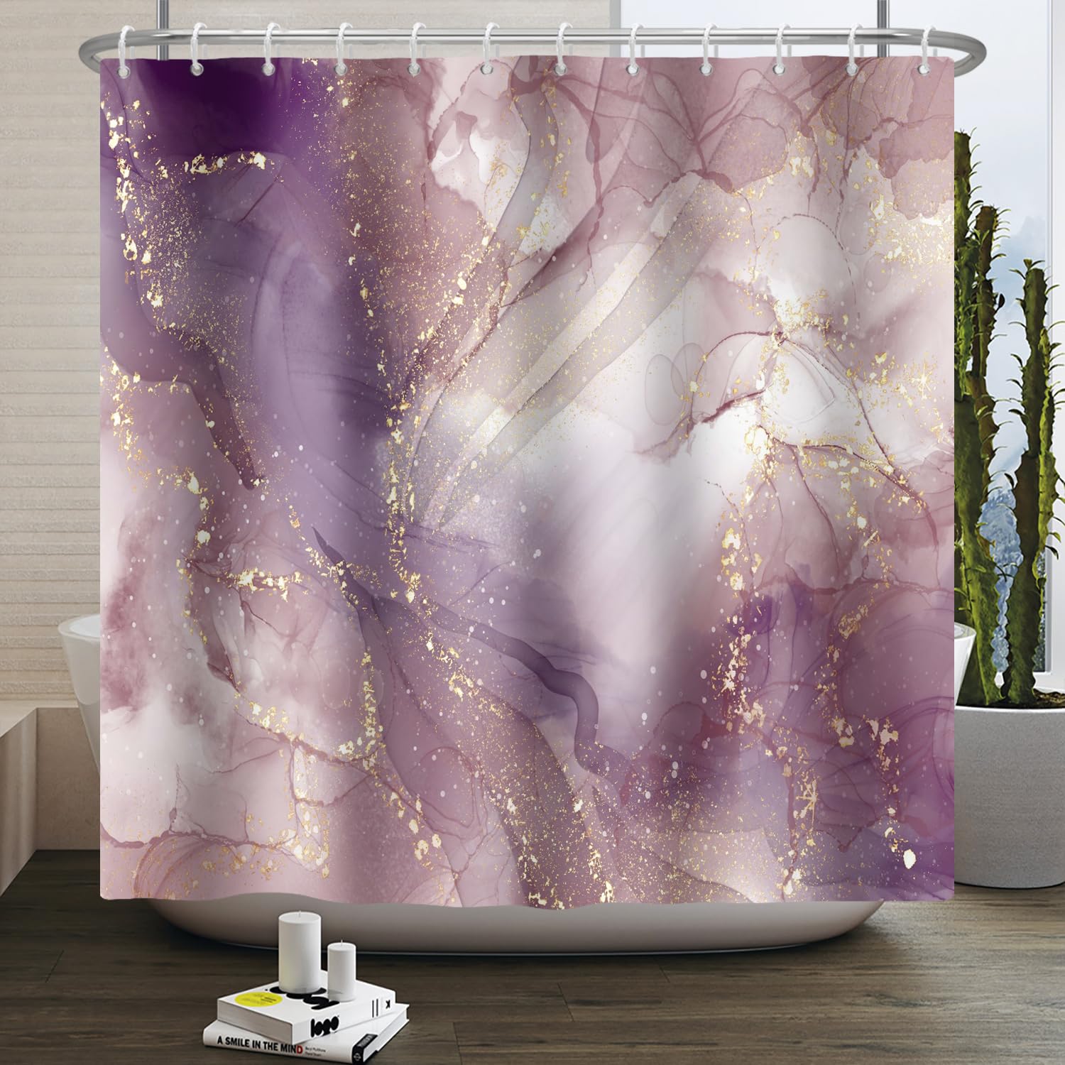 SDOTPMT 120x180cm Purple Abstract Marble Shower Curtain Golden Sequins Swirl Texture Bath Curtain Modern Classic Aesthetic Bathtub Curtain for Women Bathroom Decor Polyester with Hooks