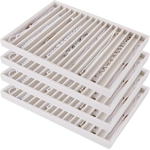 4 Pack Large Velvet Jewelry Tray, 16 Slot Necklace Organizer for Drawer | Beige Flocked Lining, Anti Tangle Vertical Dividers
