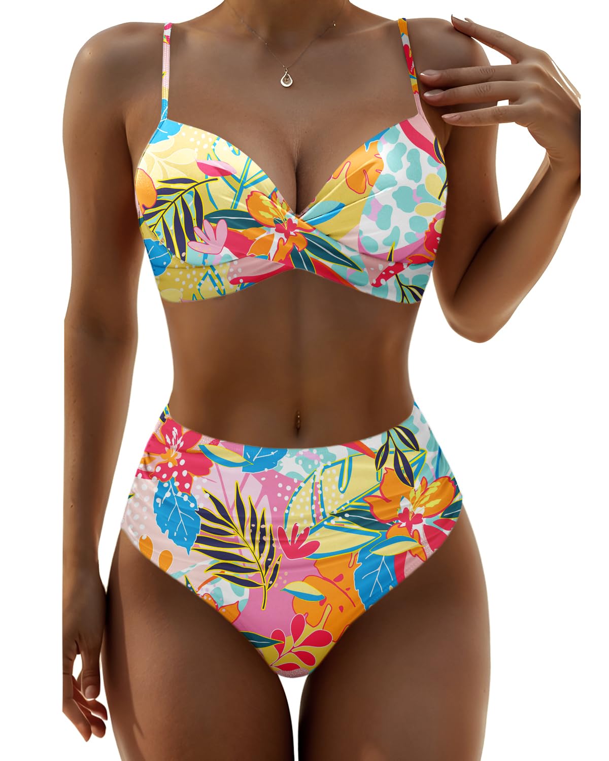 Photo 1 of Aqua Eve Women Underwire Bikini High Waisted Bathing Suit Tummy Control Two Piece Swimsuit Colorful Floral L