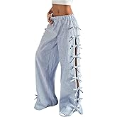 Verdusa Wide Leg Linen Pants for Women Striped Bow Baggy Hiking Pants Long Trousers