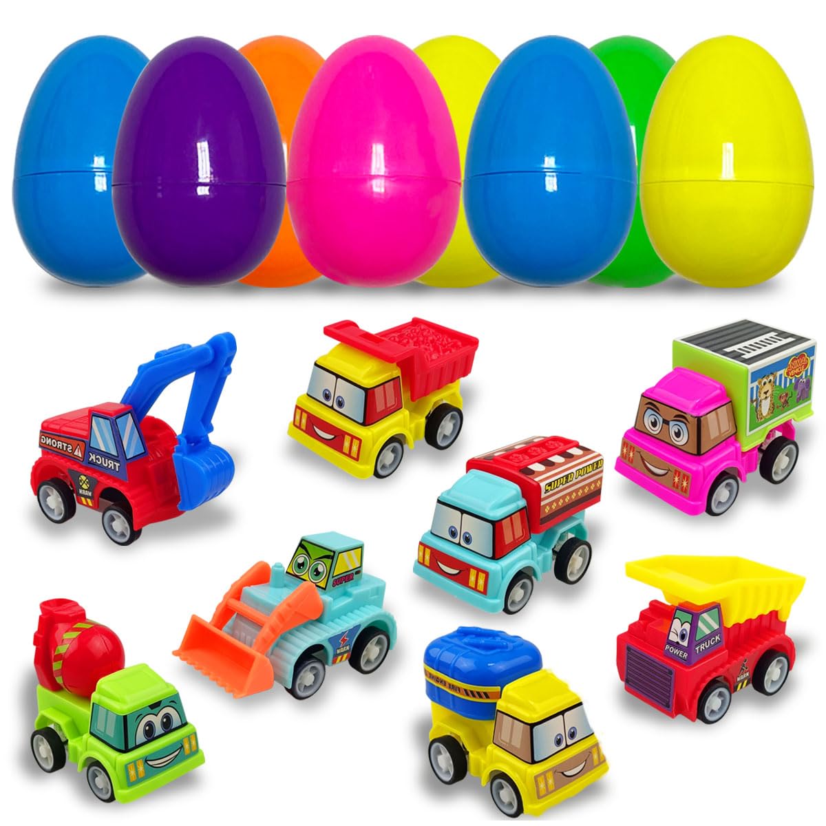 JoFAN 8 Pack Prefilled Plastic Easter Eggs with Pull Back Engineering Cars Toys Inside for Kids Boys Girls Toddlers Easter Basket Stuffers Gifts Party Favors