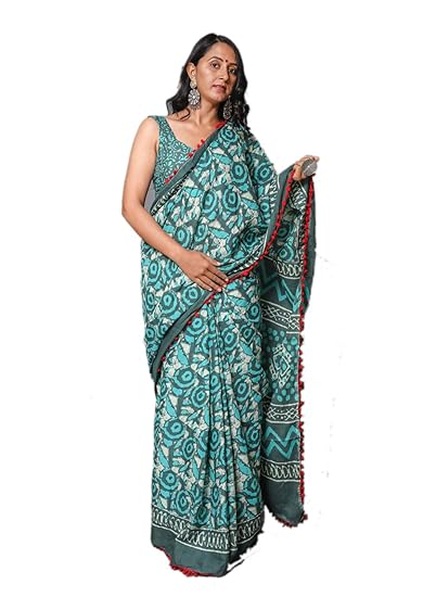 Turquoise Cotton Hand Block Printed Saree with Blouse