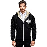 Men Jesus Hoodie Zip Up Sherpa Lined Plus Size Graphic Christian Faith Outdoor Athletic Thermal Jacket with Pockets