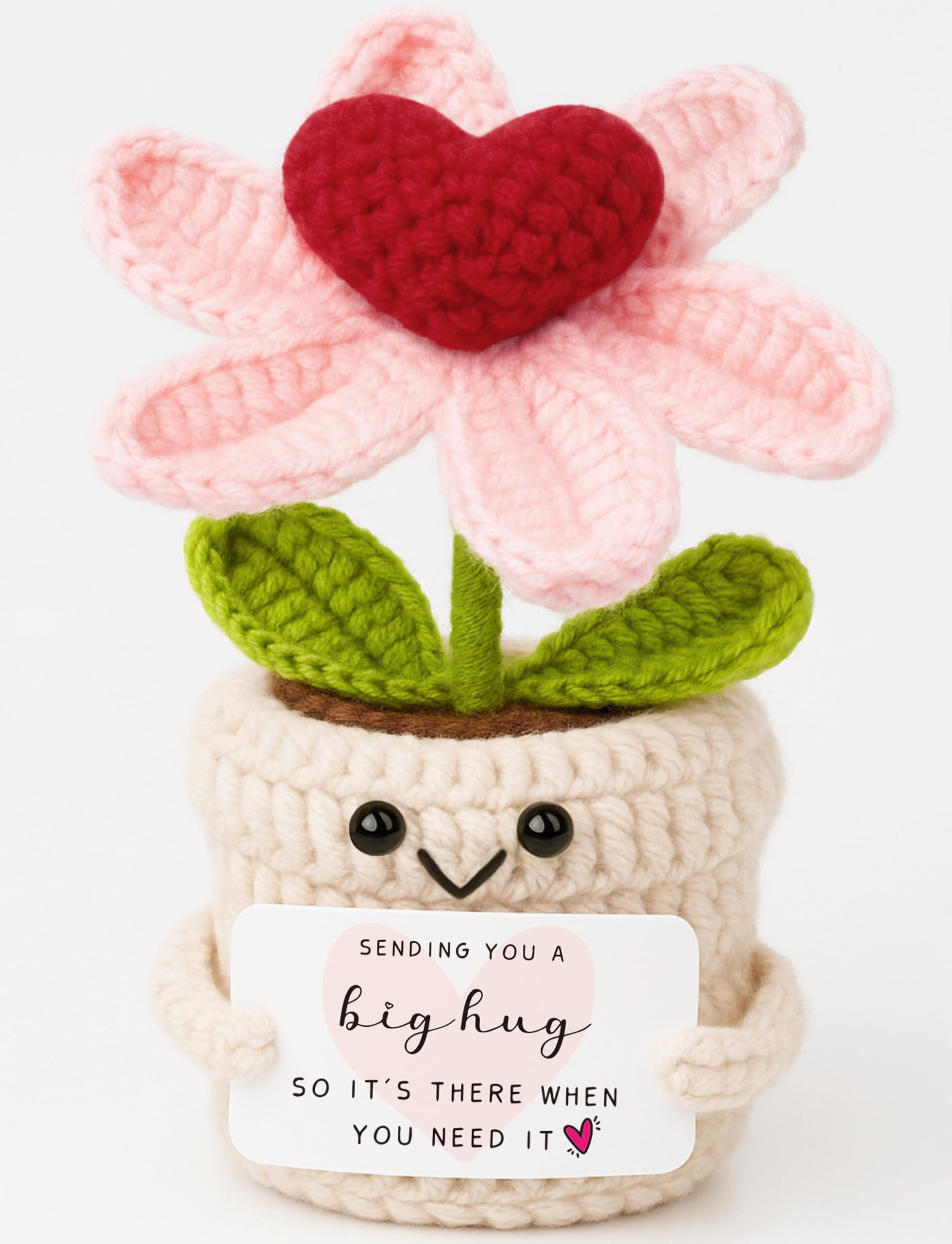 Frabaca Thinking of You Gifts for Women Crochet Heart Flower Plant - Sending You A Big Hug - Cute Handmade Desk Decor Gift Baskets - Unique Get Well Soon, Sympathy, Friendship for Her Him