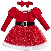 Bonangber Baby Girl Christmas Dress Santa Claus Romper Dress Red Velvet Long Sleeve Princess Tulle Dress with Headband