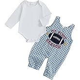 DSOKUHIB Newborn Baby Boy Football Outfit Long Sleeve Romper Football Embroidered Plaid Overall Pants 2Pcs Fall Clothes Set
