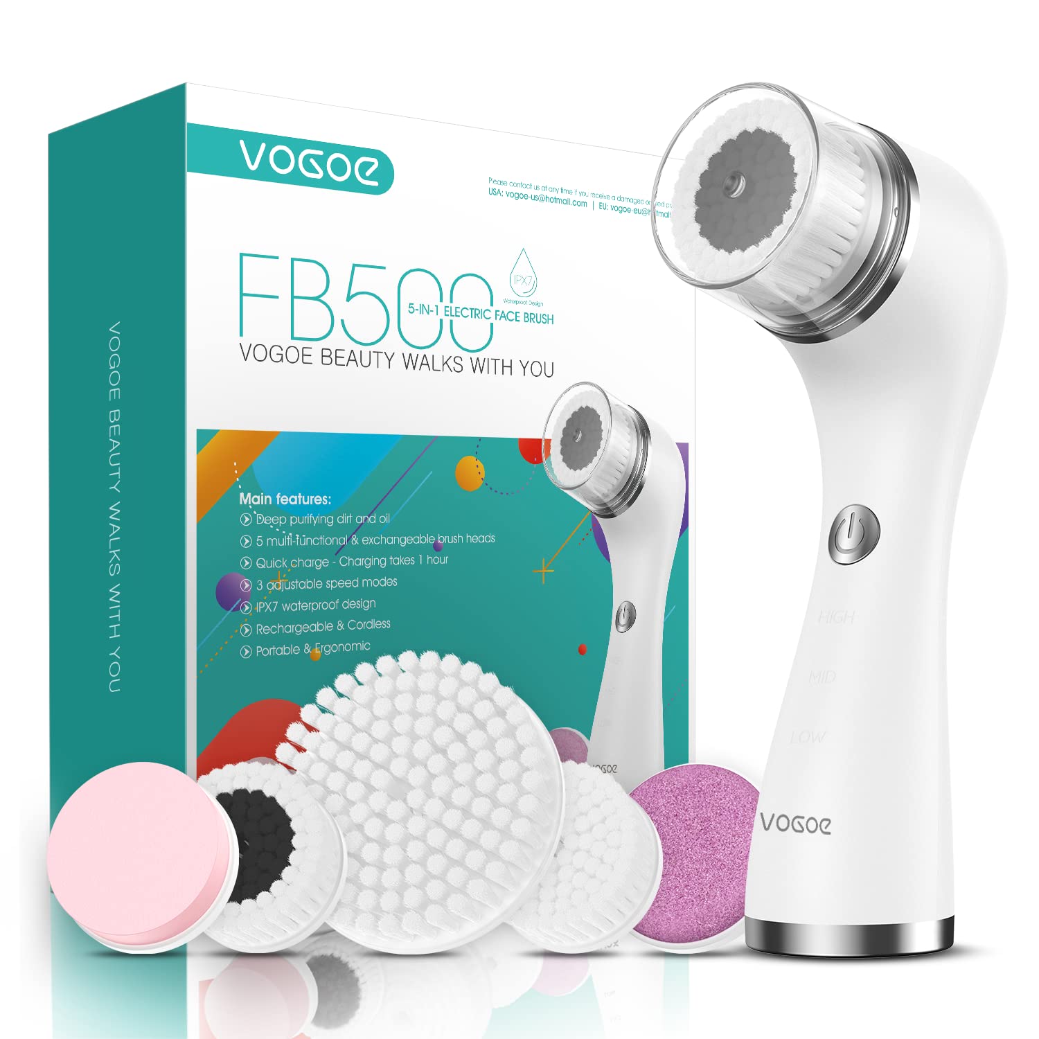 Photo 1 of VOGOE Facial Cleansing Brush Rechargeable, Spin Face Wash Brush IPX7 Waterproof Electric Face Scrubber Exfoliator, 3 Speeds & 5 Brushes for Cleansing and Exfoliating, White