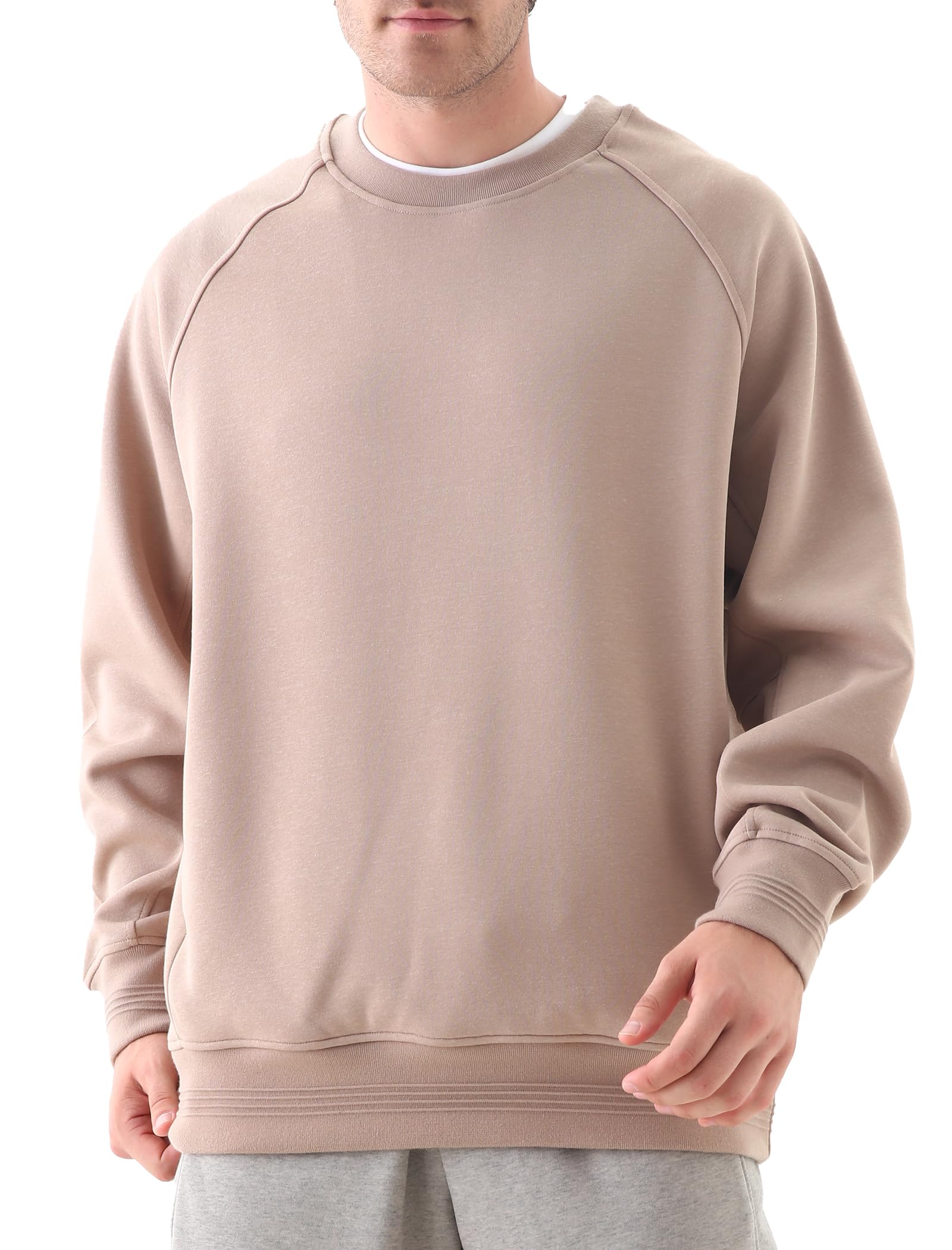 MagnaMan Crewneck Sweatshirt For Men - Long Sleeve Cotton Blend Oversized Crewneck Sweatshirt Khaki