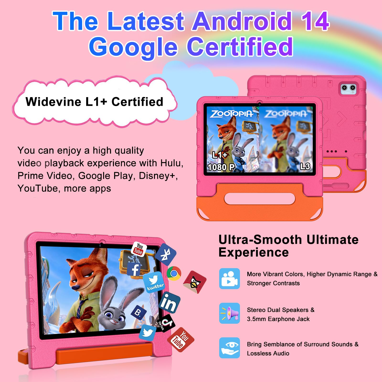 2025 Kids Tablet 10 inch Android 14 Tablets for Kid Octa-Core, 20GB+128GB (TF 1TB), Toddler Tablet with Shockproof Case, 2.4G+5G WiFi 6, Parental Control, Face Unlocked, Split Screen, BT5.0 (Rose Red)