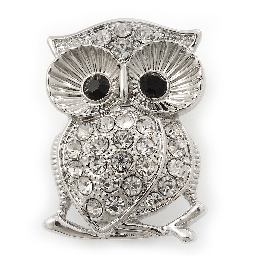 Rhodium Plated Crystal 'Owl' Brooch - 3.5cm Length