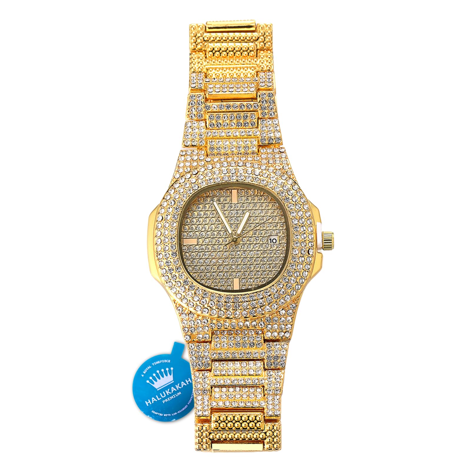 HALUKAKAH Gold Watch Iced Out,Men's 18k Real Gold Plated Quartz Wristband 9.5"(24cm),Full Cz Diamonds,Free Giftbox