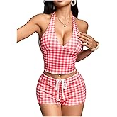 RoseSeek Women's 2 Piece Plaid Summer Outfits Backless Crop Halter Tops and Mini Shorts Y2K Clothing Set