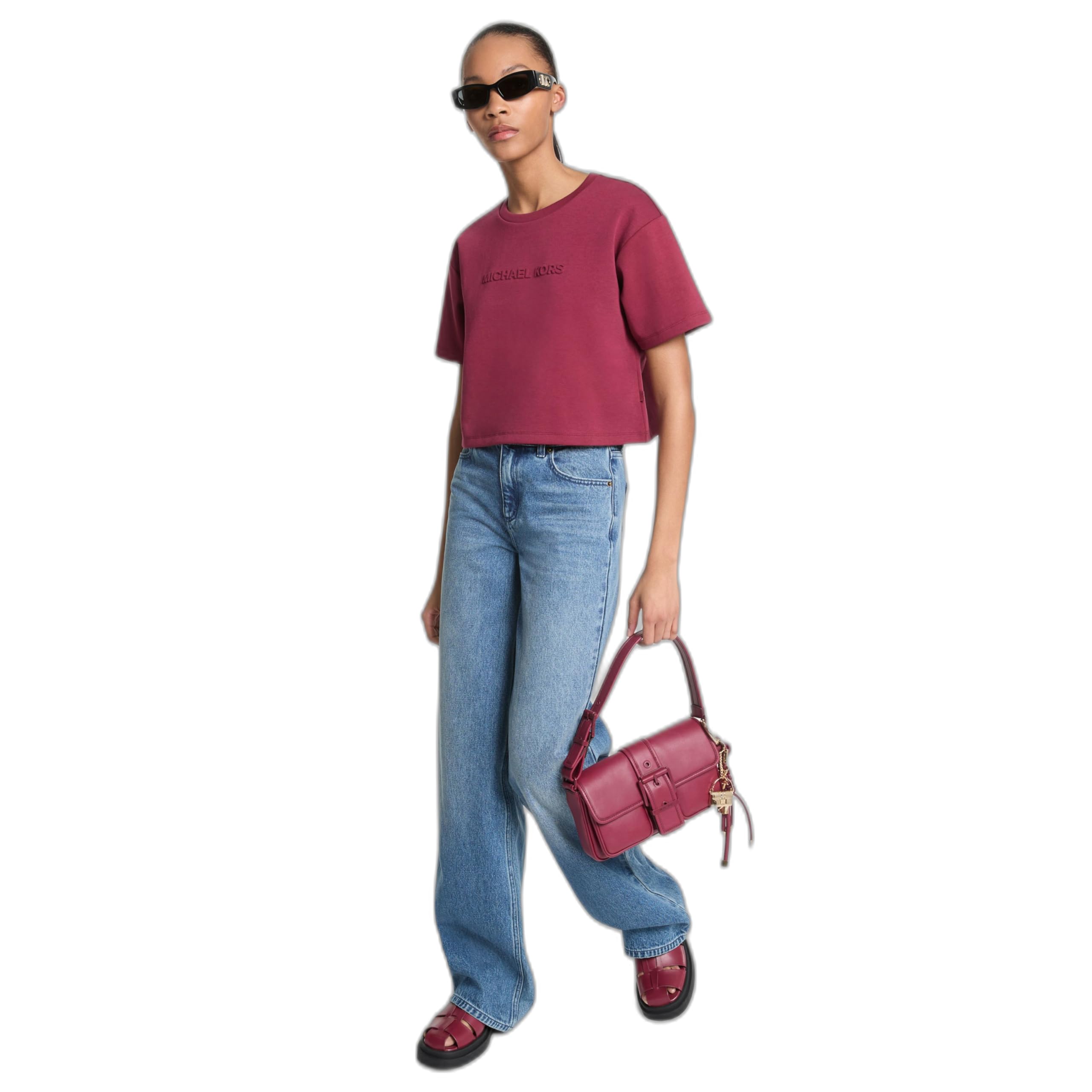 Michael Kors Women’s MK Embossed Logo Oversized Cropped T-Shirt, Deep Mulberry, S