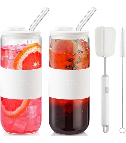 CJWLKJ Lot De 2 Verres à Boire Avec Couvercles Et Paille En Verre, Tasses En Verre En Forme De Canette De 591 Ml Avec Couvercles, Pailles, Manchons En Silicone, Verres à Bière
