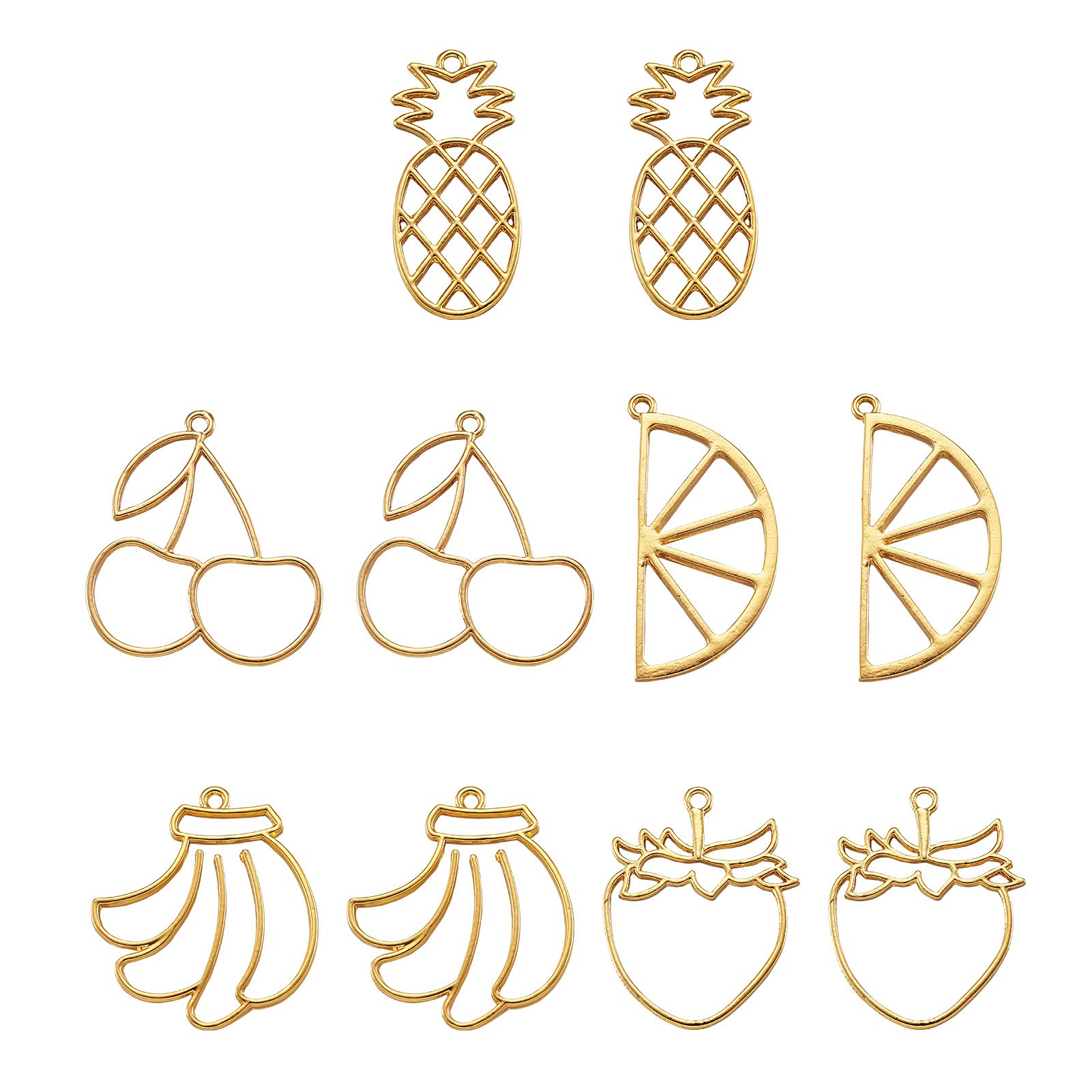 PandaHall 10pcs Fruit Theme Alloy Open Back Bezel Pendants 5 Styles Golden Plated Hollow Resin Frames Mold Pendant with Loop for DIY Resin Pressed Flower Crafts Jewelry Making