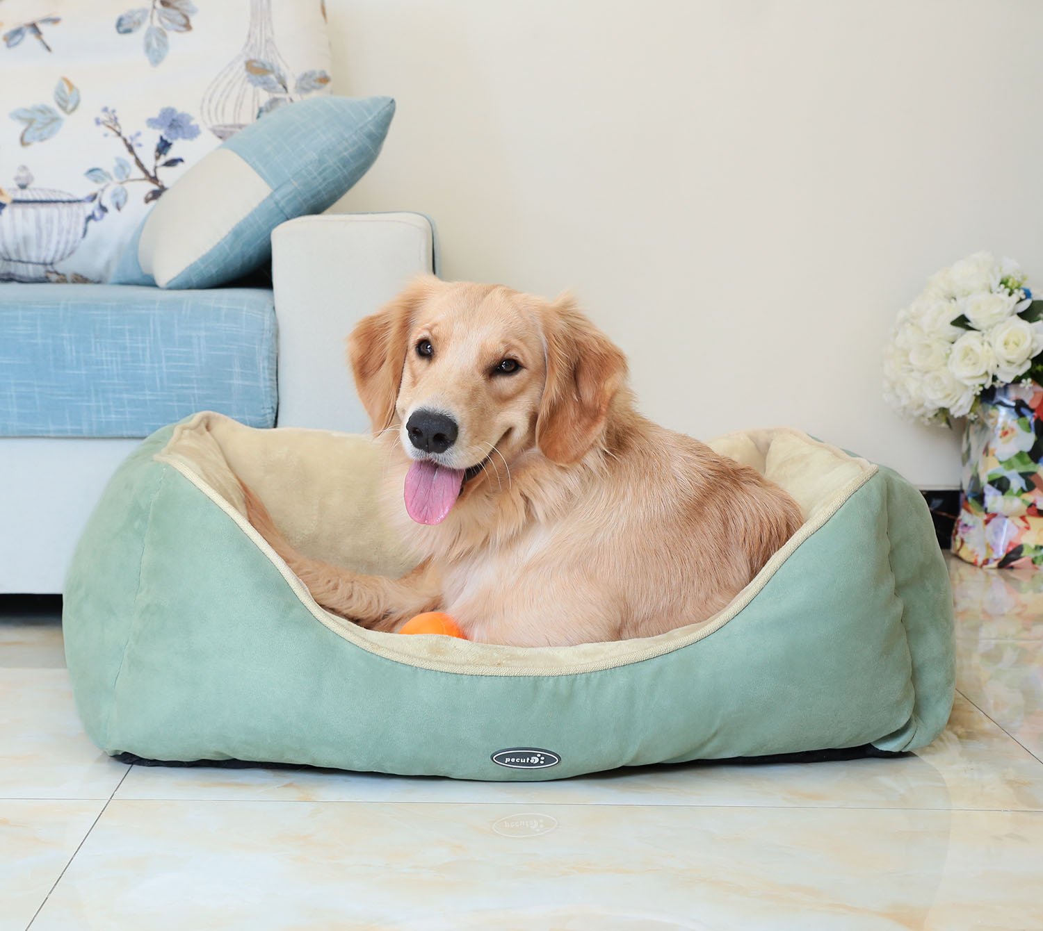 Dog Bed Cat Pet Bed Machine Washable Luxury Soft PP Cotton-Filled Coral Fleece Bed for Small Medium Large Pet Green and Beige