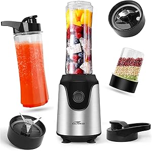 VACPOWER Personal Smoothie Blender, Professional Blender for Shakes and Smoothies, Stainless Steel Powerful Blender with Ultra-sharp Hardened Blades 2pcs & Tritan Sports Bottles 2pcs & Grind Cup 1pcs